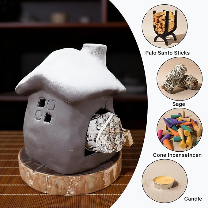Tall Snow-Roofed Ceramic Palo Santo Burner - Mini Chiminea Incense Holder with Stable Base, Ideal for Smudging Sage & Burning Incense Cones, Perfect for Meditation, Yoga, Altars, Home Decor