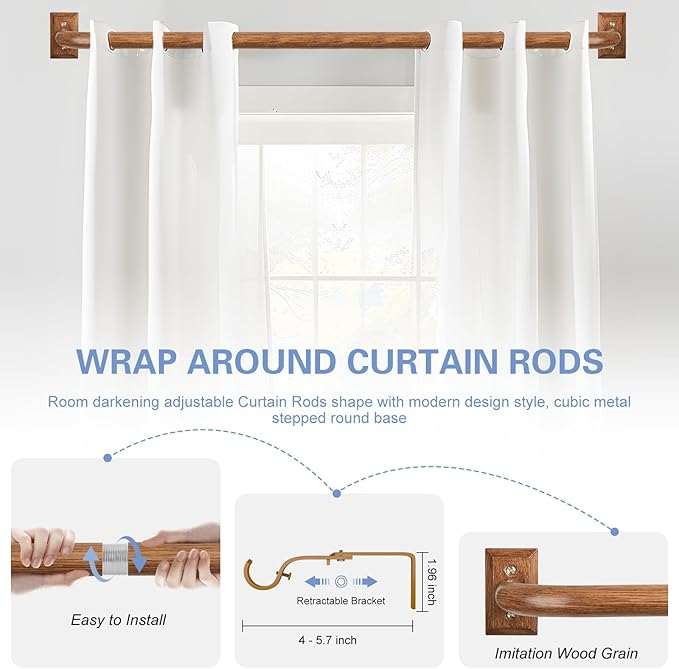 Boho Wrap Around Curtain Rods for Windows 28 to 48 Inch:Heavy Duty Blackout Curtain Rod Room Darkening,1"Wood Wraparound Curtains Rod Curved Black Out Adjustable for Bedroom Kitchen（All Matel）