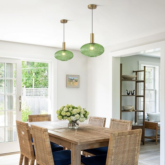 KCO Lighting Modern Gold Pendant Lights Kitchen Island Lighting Large Green Glass Globe Pendant Light Brass Dining Room Hanging Light Fixture Vintage Ribbed Ceiling Light