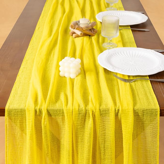 Socomi Yellow Cheesecloth Table Runner Valentine's Day Gauze 120 Inch Rustic Boho Cheese Cloth Runner for Wedding Party Baby Bridal Shower Centerpiece Decoration Holiday Home Decorations