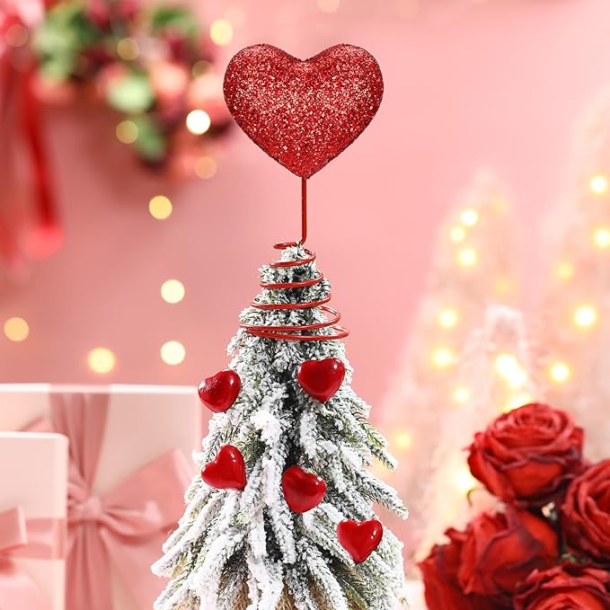 2 Pcs Valentine's Day Heart St Patrick's Day Mini Glitter Tree Topper, Romantic Heart Shamrock Metal Glitter Ornament Decorations for Valentines St Patrick's Irish Holiday Party