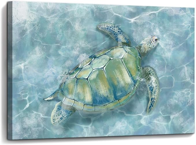 YJYart Bathroom Wall Decor Sea Turtle HD Pictures Print on Canvas Wall Art for Bedroom Kitchen Blue Coastal Room Decorations Art Work Green Turtle on Blue 12x16 inches