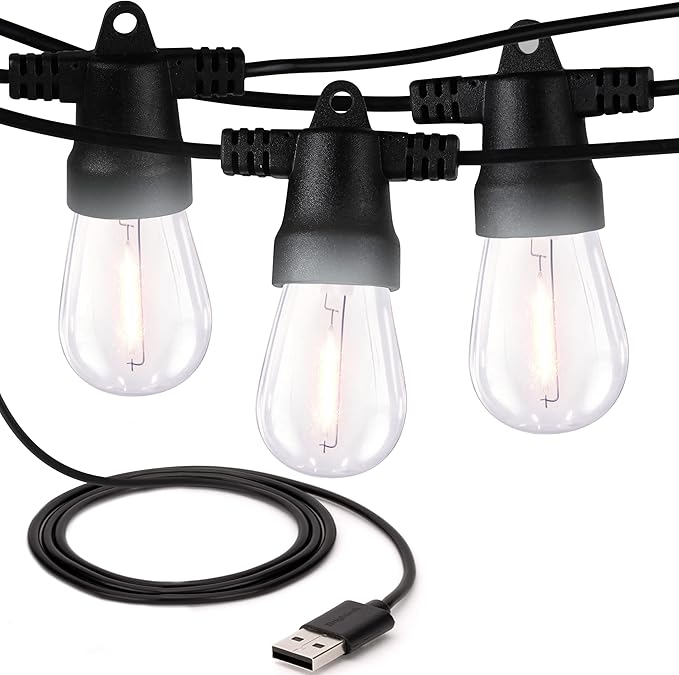 Brightech Ambience Pro USB Powered String Lights - 24 Ft Commercial Grade Waterproof String Lights, Outdoor Shatterproof Patio Lights for Camping, Christmas, Backyard, Porch - 1W LED Soft White Light