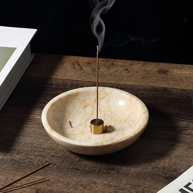 Koville Natural Marble Incense Holder, Incense Holder for Sticks with 9 Holes, Handmade Incense Burner Ash Catcher for Meditation Yoga SPA, Balsam Fir/Palo Santo/Sage/Cone (Gold)
