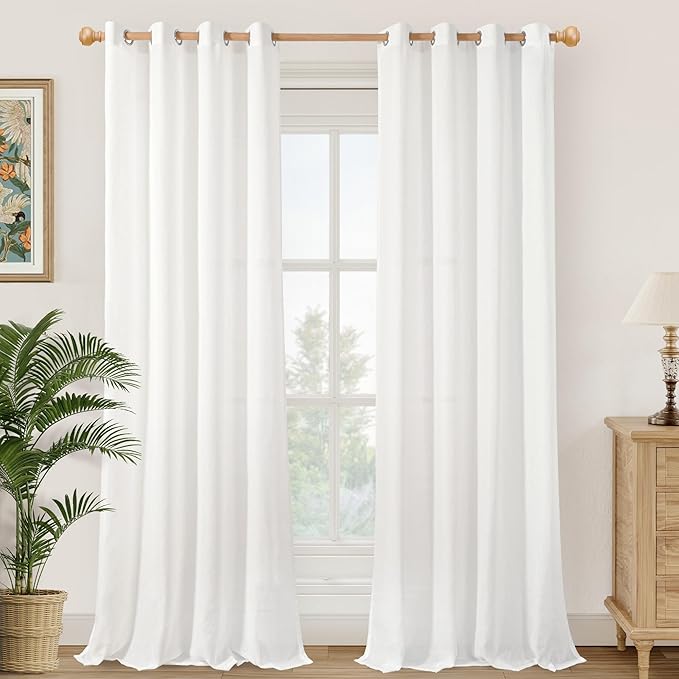 YoungsTex 90 Inch Length White Linen Semi Sheer Curtains 2 Panels for Living Room, Light Filtering Textured Drapes Lightweight for Bedroom Dining Room Floor Length Grommet, 2 Panels, 52 X 90 Inch
