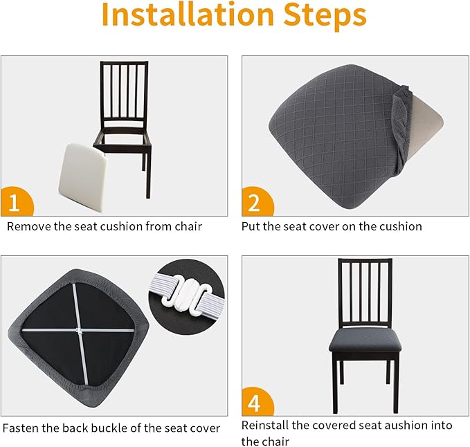 Fuloon Waterproof Seat Cushion Covers 6 PCS, Stretch Jacquard Chair Seat Covers Washable Dining Room Seat Slipcovers Removable Kitchen Chair Protector (6, Waterproof-Dark Grey)