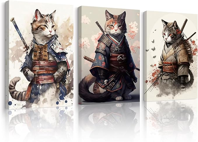 Japanese Cat Wall Art Poster Samurai Cat Canvas Wall Decor Japanese Anime Painting Asian Wall Art Funny Prints Black Cat Pictures Vintage Artwork for Living Room Bedroom 12x16x3 Inch Ready to Hang