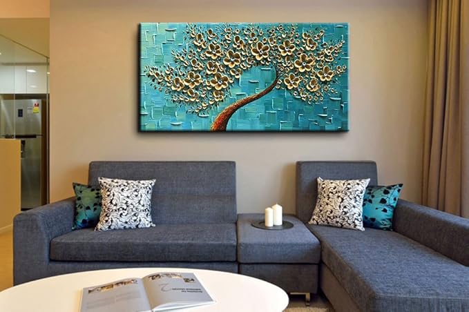 YaSheng Art - Handmade 3D Golden Flowers Artwork Oil Painting On Canvas Texture Palette Knife Flowers Tree Abstract Landscape Paintings Modern Home For Living Room Bedroom Decor Wall Art 20X40 inch