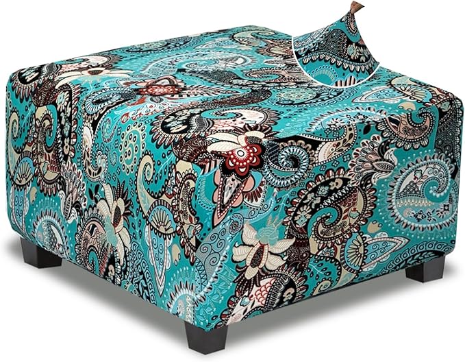 Ottoman Cover Square Slipcovers Printed,Stretch Footrest Stool Cover for Ottoman Square,Soft Foot Stool Cover Protector with Nonslip Elastic Bottom(Medium,Peacock Blue)