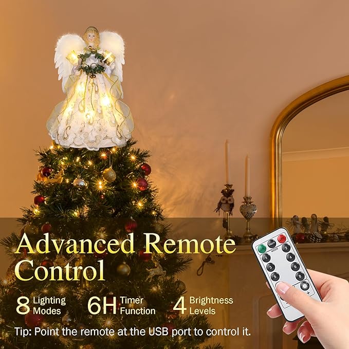12.5" Angel Christmas Tree Topper with Lights, Lighted Angel Tree Topper with White Feather Wings and Garland, Remote Control, Timer & USB Powered for Indoor Holiday Decoration