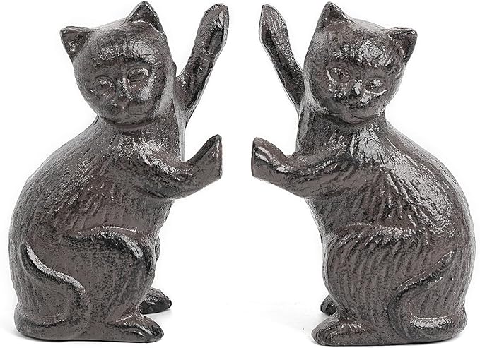 Sungmor Cast Iron Cat Sculpture Decorative Bookends, Animal Book End for Shelves Vintage Home Office Decor, Funny Bookend to Hold Books, Set of 2 Antique Brown Cat Statues