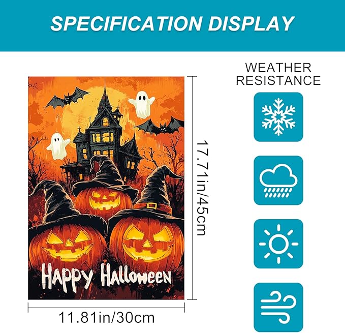 Halloween Garden Flag 12x18 Inch Pumpkin Witch Hat Ghost Bat Haunted House Double Sided Fall Outdoor Halloween Yard Flag Spooky Holiday Banner Porch Lawn Decoration Seasonal Party Decor Sign