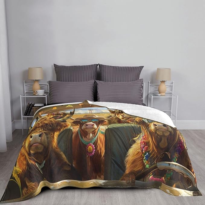 Funny Highland Cow Throw Blanket Hawaii Highland Cow Decor Blanket Super Cozy Plush Lightweight Soft Plush Flannel Fleece Cow Blanket Gifts for Girls Boys Kids Women Men for Sofa Bed Couch 50"X40"