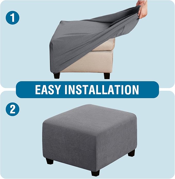 H.VERSAILTEX Square Ottoman Covers Ottoman Slipcovers Folding Storage Stool Furniture Protector Form Fit with Elastic Bottom, Stretch High Spandex Small Checks Jacquard Fabric(Large,Grey)