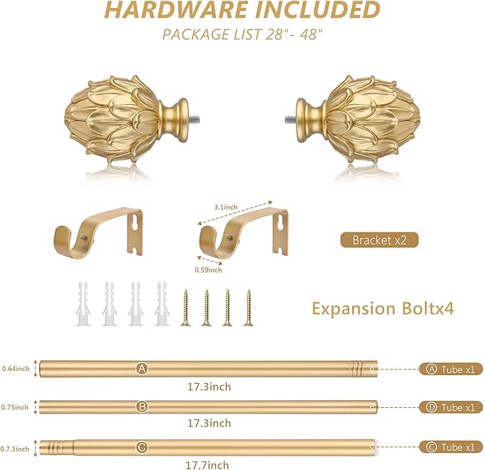 Curtain Rods 28"-48" Adjustable, Gold, Metal, Wall Mounted, Single Window Treatment Rods with Classic Finials
