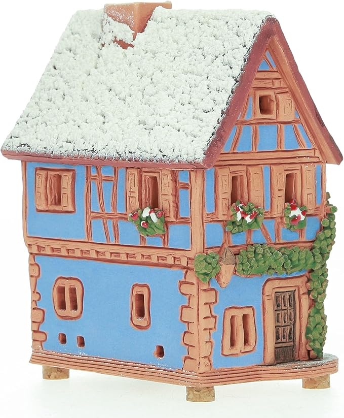 Ceramic Houses and Villages Collection - Handmade Christmas Village House Miniature of Historical House in Riquewihr, Alsace, France, Winter Edition - Cone Incense Holder R231