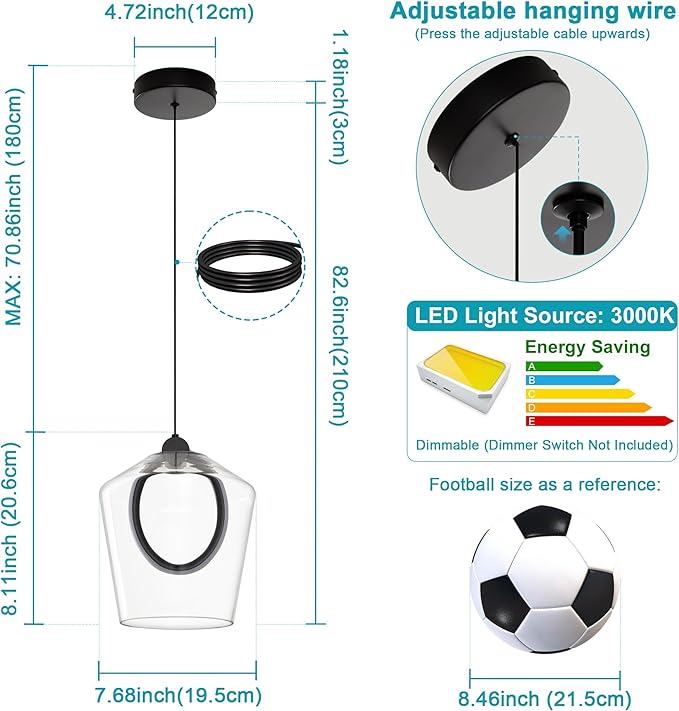 Modern Glass Pendant Lighting for Kitchen Island 1 Pack, Black LED Pendant Light Fixtures 3000K, Adjustable Hanging Ceiling Light, Angled Clear Glass Shades 8 Inch