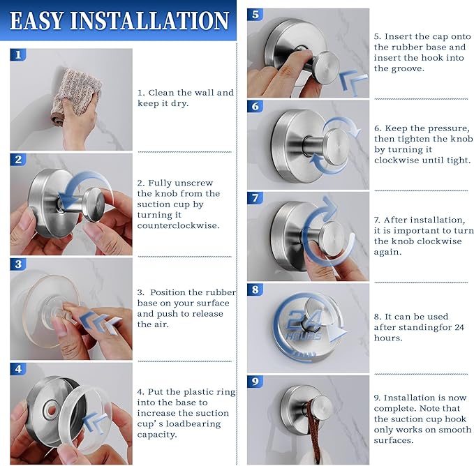 Suction Cup Hooks No Drill Stainless Steel Shower Hooks Towel Hook Heavy Duty on Smooth and Non-Porous Surfaces in Bathrooms Kitchen Bedroom (2, Brushed Nickel)