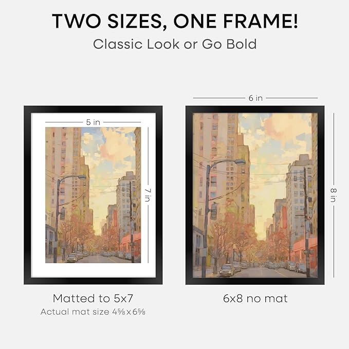 Homeforia 6x8 Picture Frame Black, High End Metal 6 x 8 Black Frames with Mat 5 x 7 for Art, 8x6 Desk Frame Matted to 5x7 inch Photo, 6 by 8 Wall or Tabletop Frames, Tempered Glass, Wall Kit, Set of 2