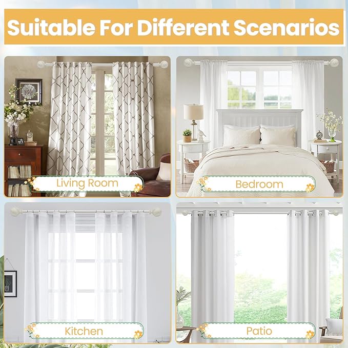 Curtain Rod for Windows 28 to 48 Inches: 1 Inch Heavy-Duty Adjustable Decorative Curtain Rod With Rustic Leaf Finials for Bedroom & Living Room.White