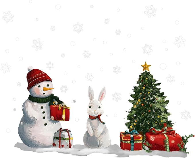 Christmas Snowman and Rabbit Wall Decals Stickers — Winter Scene with Gift Boxes and Christmas Tree Removable Vinyl Wall Decor for Living Room, Bedroom, Office, Holiday Decoration