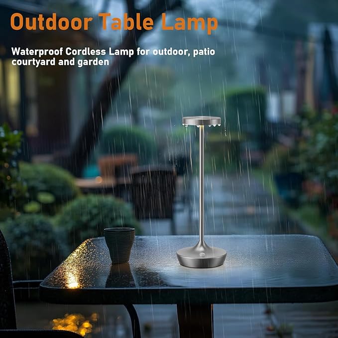 2 Pack LED Cordless Table Lamp Rechargeable，Outdoor Battery Operated Desk Lamp Touch 3 Color Dimming Portable Waterproof Night Light for Patio/Restaurant/Dining/Home (Chrome)