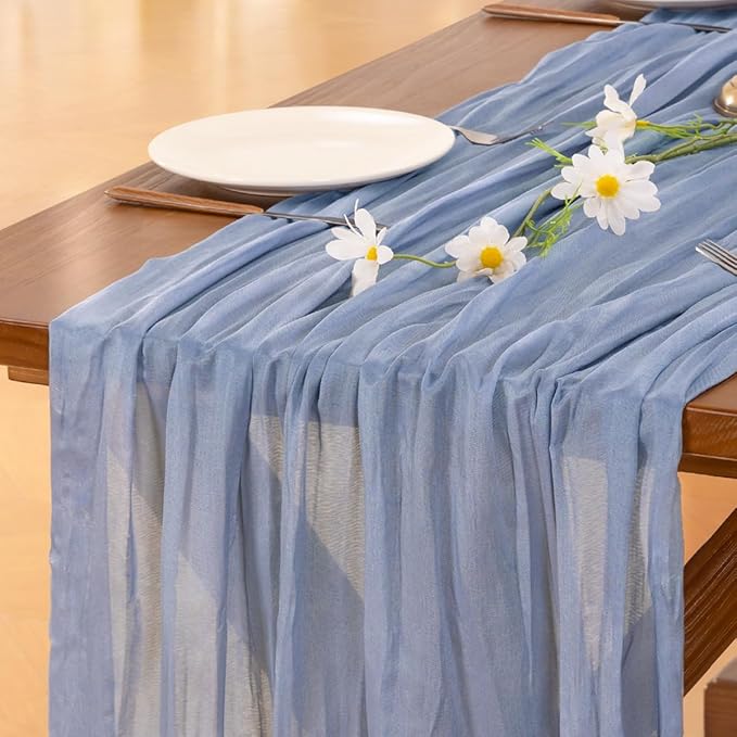 Socomi 3pcs Dusty Blue Valentine's Day Cheesecloth Table Runner Boho Rustic Gauze 120 inch 10FT Cheese Cloth Runner for Wedding Party Baby Shower Birthday Home Decor Holiday Decorations