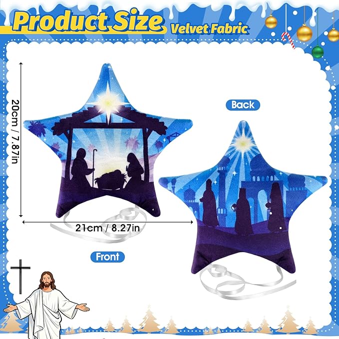 Eyourlife Nativity Scene Christmas Tree Topper, 8in Winter Velvet Pentagram Tree Topper Xmas Tree Star Shaped Decor for Family Churches Sunday School Christmas Tree Holiday Party Supplies Gifts