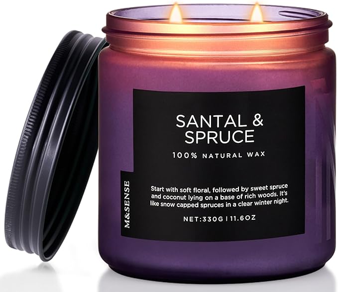 M&SENSE Santal Spruce Christmas Scented Candle, 11.6oz 70 Hours Burn Non Toxic Natural Soy Wax, 2 Cotton Wick Candle for Winter Holiday Housewarming Gifts for Family Friends Teachers