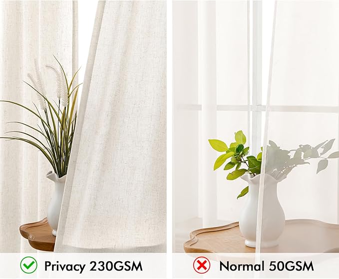 MIULEE Non-See-Through Privacy Linen Curtains 2 Panels, Light Filtering Window Curtains Farmhouse Textured Back Tab Semi Sheer Drapes for Bedroom Living Room, 52 x 102 Inches Long, Natural White
