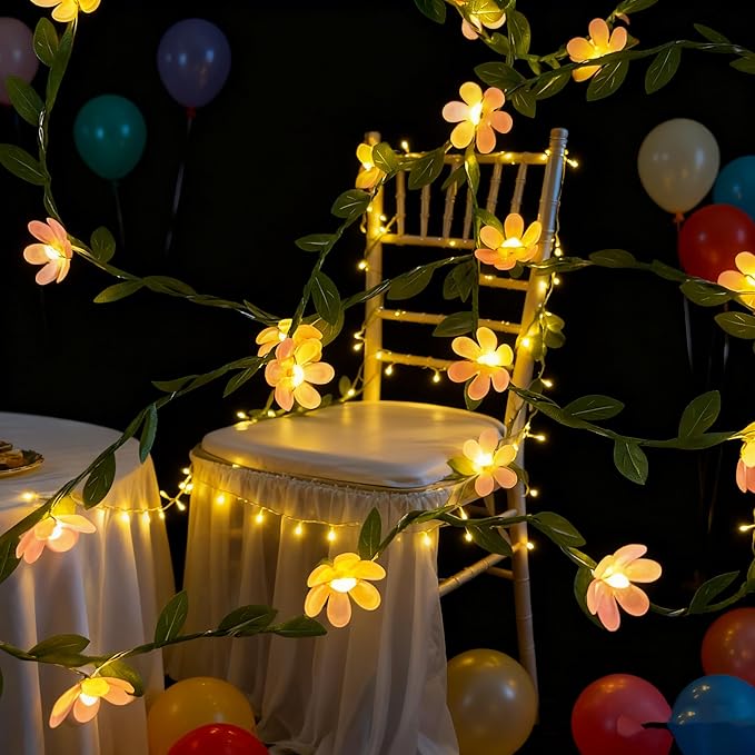 Pink Flower String Lights Tiny Leaf Ivy String Lights 9FT with 30 Flower Lights Battery Powered Waterproof Pink Fairy Lights for Outdoor Garden,Wedding Bedroom Party Wall Décor (8 Mode)
