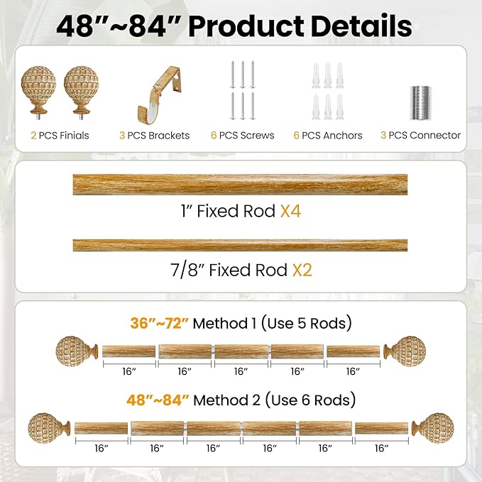 Wood Curtain Rod for Windows 48 to 84 inch, 1-inch Heavy-Duty Adjustable Curtain Rod with Decorative Pinecone finials for Farmhouse Living room, Bedroom, Dining room