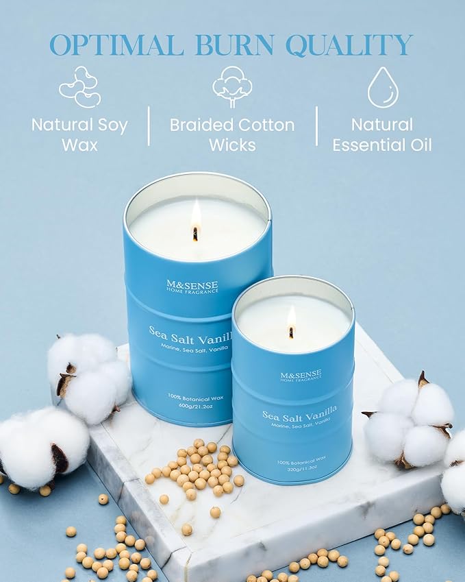 M&SENSE Sea Salt Vanilla Scented Candles Large Beach Candle, Natural Soy Summer Candles 21.2oz 120 Hour Slow Burning,Aromatherapy Candle for Stress Relief Meditation Relaxing