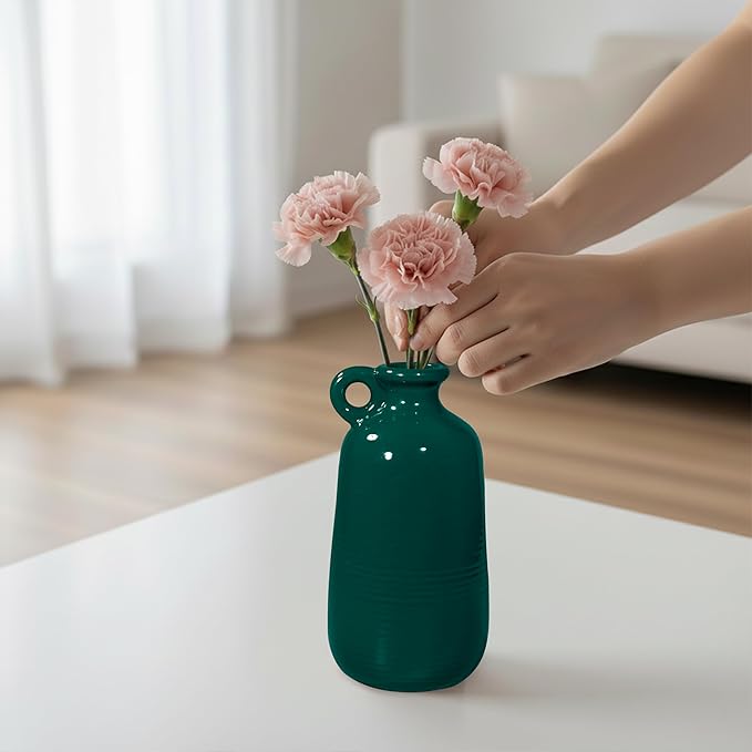 Sunddo Green Ceramic Vase 10 Inch - Modern Decorative Vase with 1 Handle, Table, Shelf Bookshelf,Mantel,Entryway Decor and Centerpieces