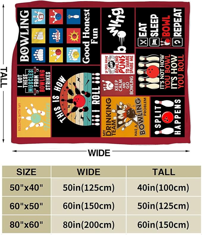 Bowling Blanket Sports Ball Throw Blankets Plush Cozy Flannel Fleece Ultra Soft Fuzzy Party Blanket Gifts for Girls Women Men Boys Kids Bed 60"X50"