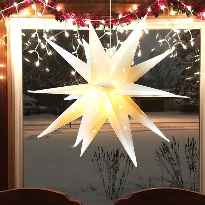 FUCHSUN 14" LED Moravian Star Light, Outdoor Hanging Stars Lights 3D Christmas Tree Topper Star for Ceiling Balcony Xmas Party Porch Room Wedding Ballroom Holiday Decoration, Battery Powered & Timer