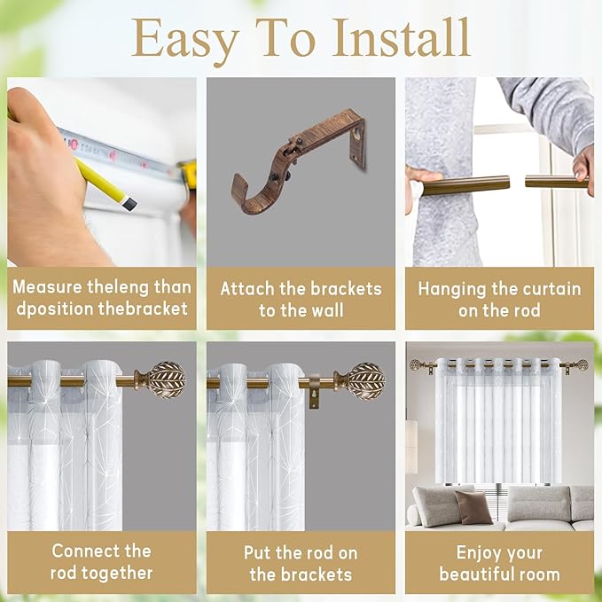 Boho Wooden Curtain Rods for Windows 48 to 84 Inches(4-7 ft), Adjustable Heavy-Duty 1" Diameter Drapery Rod with Imitation Wood-Grain Leaf-Pattern Finials - for Living Room & Bedroom，36-88''