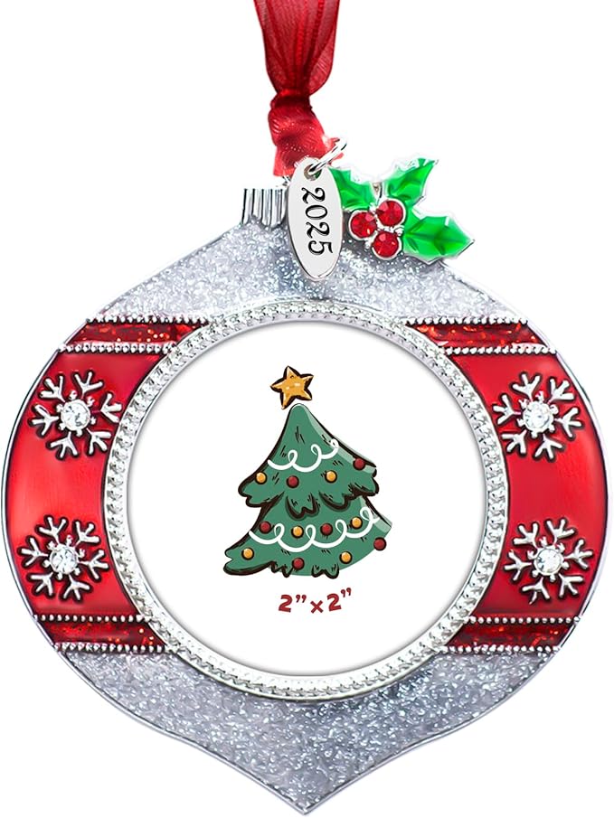 2025 Christmas Tree Ornament Picture Frame Metal Hanging Pendant Holiday 2" Photo Frame Charm Decorative of Pets, Baby First Christmas, Family (2025 Style 3)