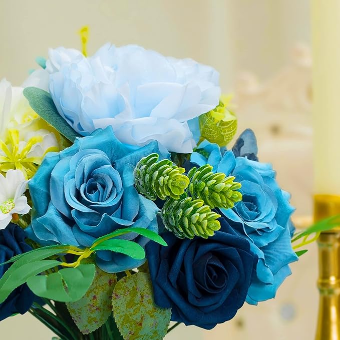 Artificial Flowers Combo Box Set,Silk Fake Flowers Roses Bridal Bouquets Out/Indoor DIY Centerpieces White Flowers for Decoration Arrangements Party Baby Shower Home Cake Decor (White&Blue)