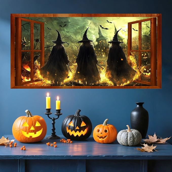 Halloween Witch Wall Stickers 3D Halloween Scene Fake Window Wall Decals Picture Large Holiday Mural Wallpaper Peel and Stick 3D Witches Wall Decor for Bedroom Living Room Home Decoration