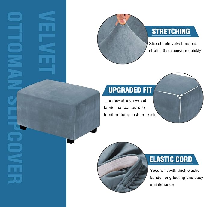 H.VERSAILTEX Real Velvet Plush 1 Piece Form Fit Stretch Rectangle Folding Storage Covers Ottoman Slipcovers Removable Footstool Protect Footrest Covers Elastic Bottom Washable(X-Large, Stone Blue)