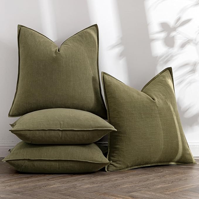 MIULEE Olive Green Linen Pillow Covers Pack of 4 Decorative Natural Solid Throw Pillow Covers Soft Accent Boho Farmhouse Couch Pillowcases Modern Home Decors for Living Room Bed Sofa 20x20 Inch