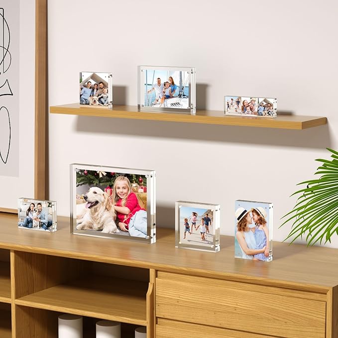 AITEE 5x5 Acrylic Picture Frames 3 Pack, 20% Thicker Block, Clear Picture Frames Freestanding Double Sided Magnetic Acrylic Lucite Frameless Transparent Square Frame Gift for Desktop Display