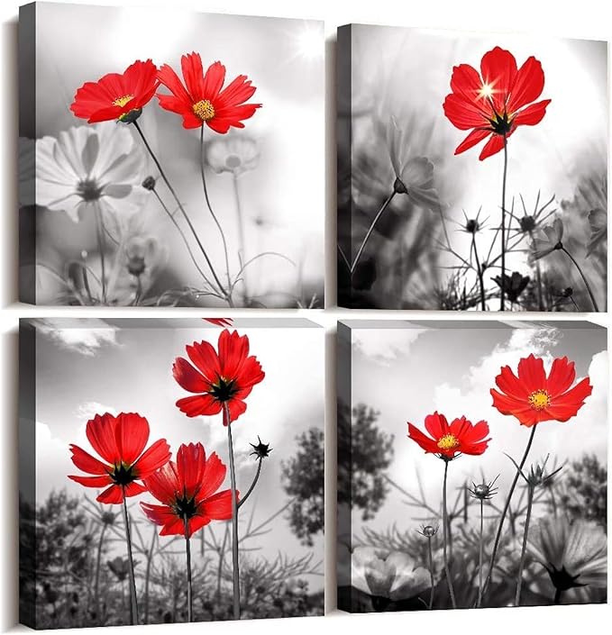 Wall art 4Panel Modern Salon Theme Black and White Plant The red flower Flower Abstract Painting Still Life Canvas Wall Art for Home Decor Flower Canvas Print Wall Art Painting For Living Room Decor