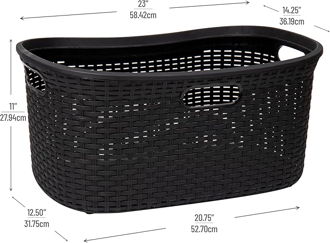 Mind Reader 40L Laundry Basket, Clothes Hamper, Premium Wicker Design, Plastic, Black