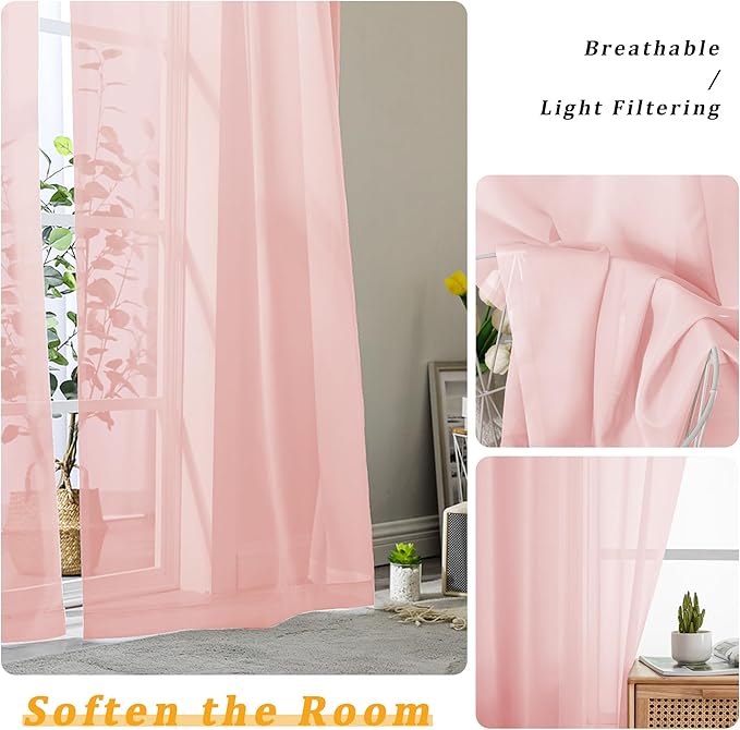 Gwine Blush Pink Sheer Curtains 72 Inches Long 2 Panels Set for Front Door, Light Filtering Sheer Curtains for Living Room, Lightweight Rod Pocket Window Treatments Drapes, Each 42" Wx72 L