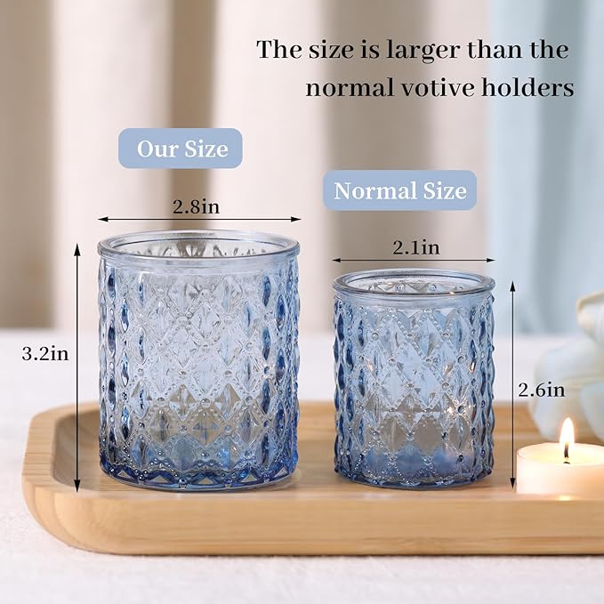 8Pcs Large Votive Candle Holders Blue Tea Light Candle Holders Glass Candle Holder for Wedding, Bridal Shower, Table Centerpiece, Party, Home Decor