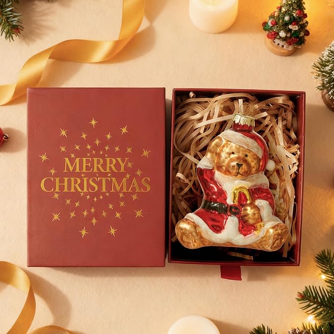 WDS WONDROUS Christmas Tree Ornaments Bear Balls, Cute Animal Glass Ornament, Gold & Red Christmas Hanging Ornament Decor for Tree, Whimsical Small Ornaments for Winter Holiday Decor (3.74”)