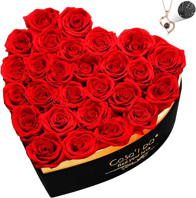 Preserved Roses Flowers for Delivery 27 Pcs, Forever Flores in Heart Box with Necklace, Eternal Rose Anniversary Birthday Gift for Women Wife Girlfriend, Rosas for Valentines Christmas, Red
