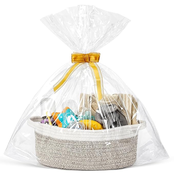 LANDNEOO Small Woven Basket with Gift Bags and Ribbons, Empty Decorative Gift Chest Box, Cute Baby Gift Basket for Nursery, Cotton Rope Room Shelf Storage Basket with Handles, 12"x 8"x 5", Brown